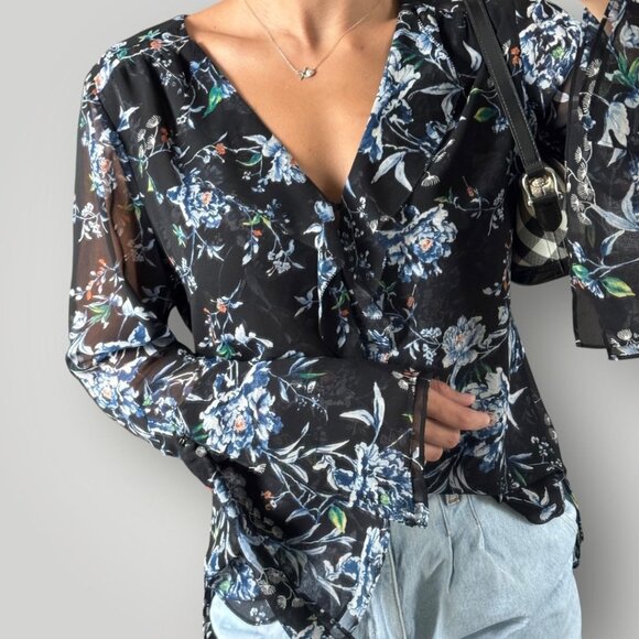 WHBM Ruffle Blouse V-Neck Bell Sleeves Sheer Flowy Romantic Boho Chic Sz 10 - Picture 2 of 10